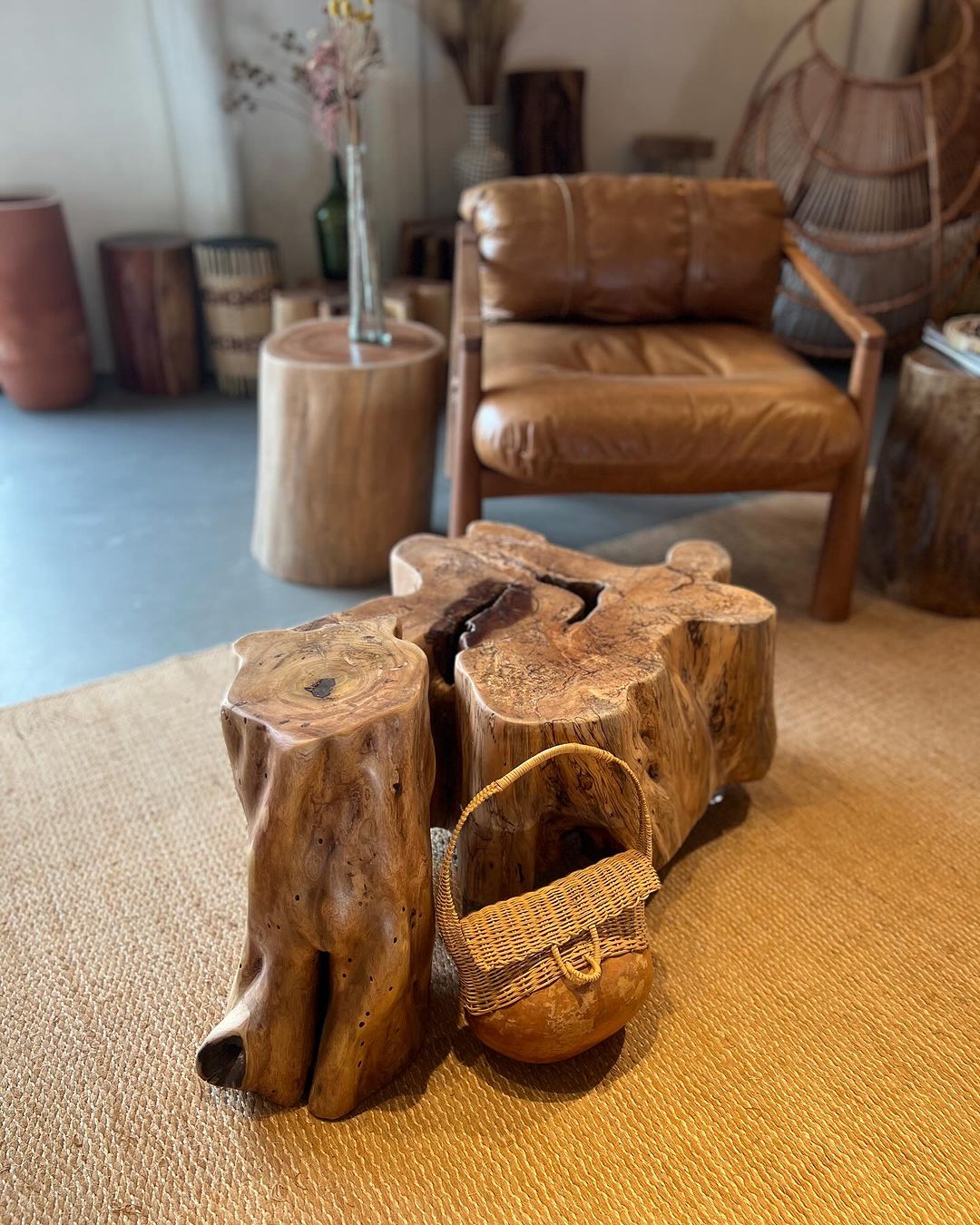 A rustic styled living room showcasing natural wood furniture pieces