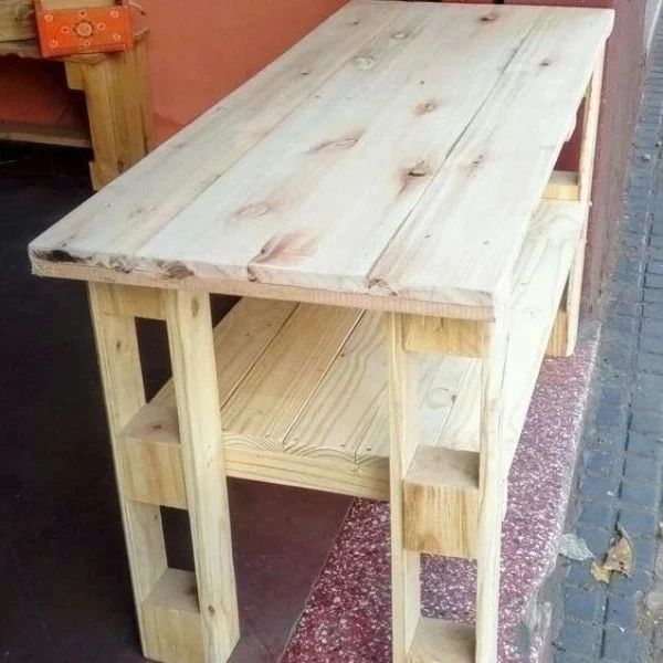 A uniquely designed wooden table with staggered supports