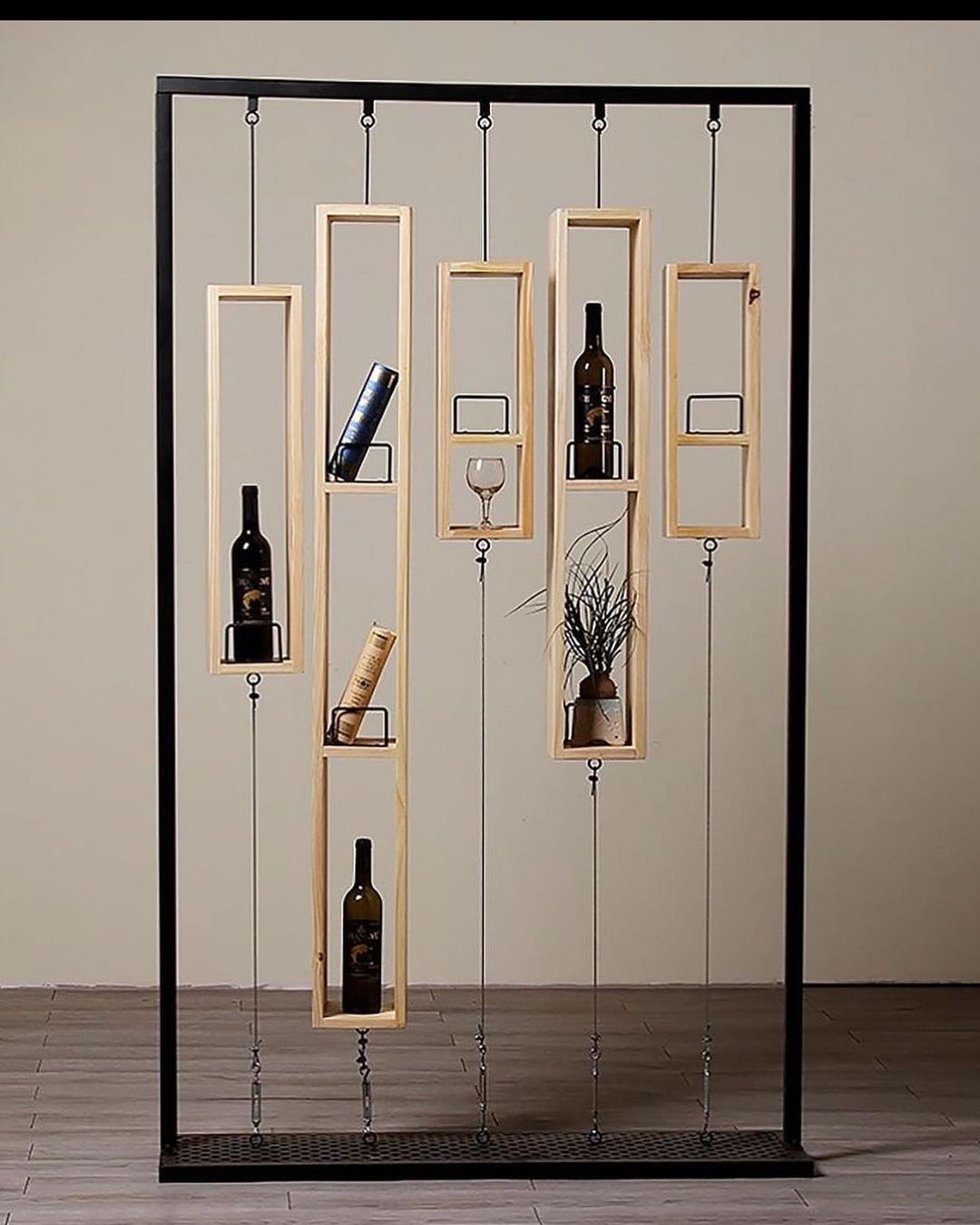 A unique suspended wine rack design