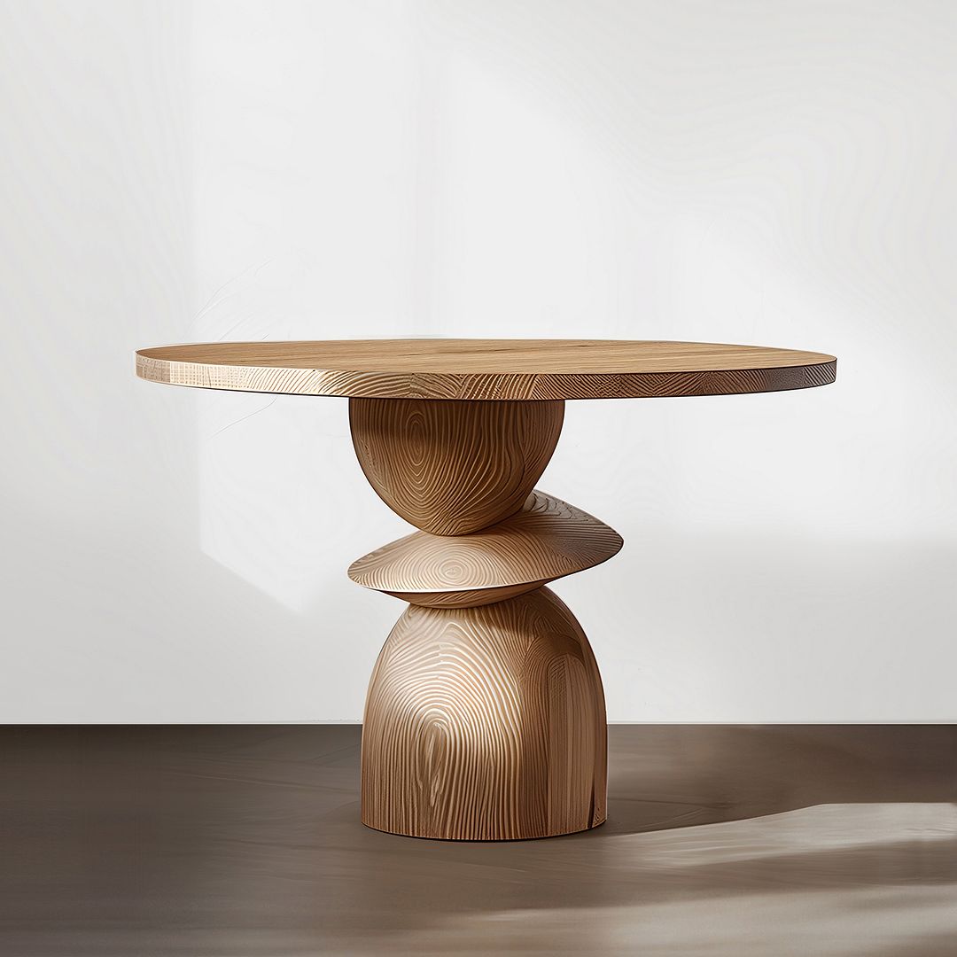 A sculptural wooden table with a dynamic base design