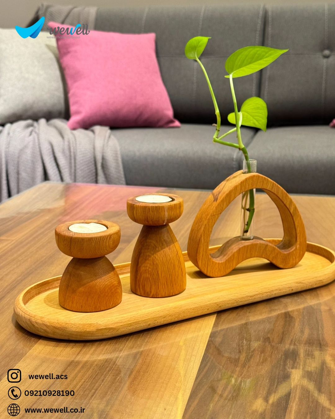 A minimalist wooden plant stand and candle holder