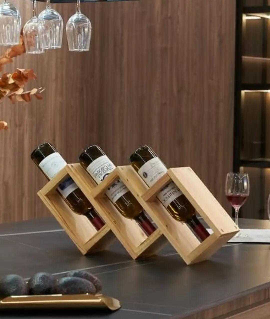 A modern wine rack with bottles on display