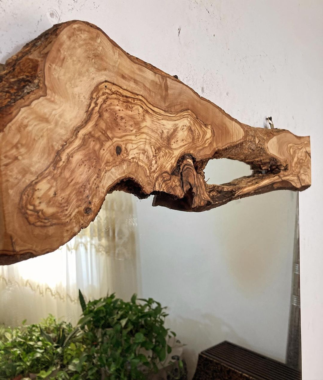 A unique wooden shelf crafted from a natural burl piece