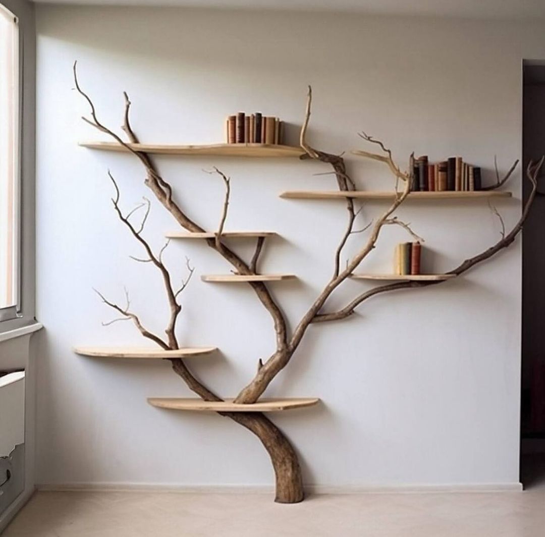 A uniquely crafted bookshelf with branches