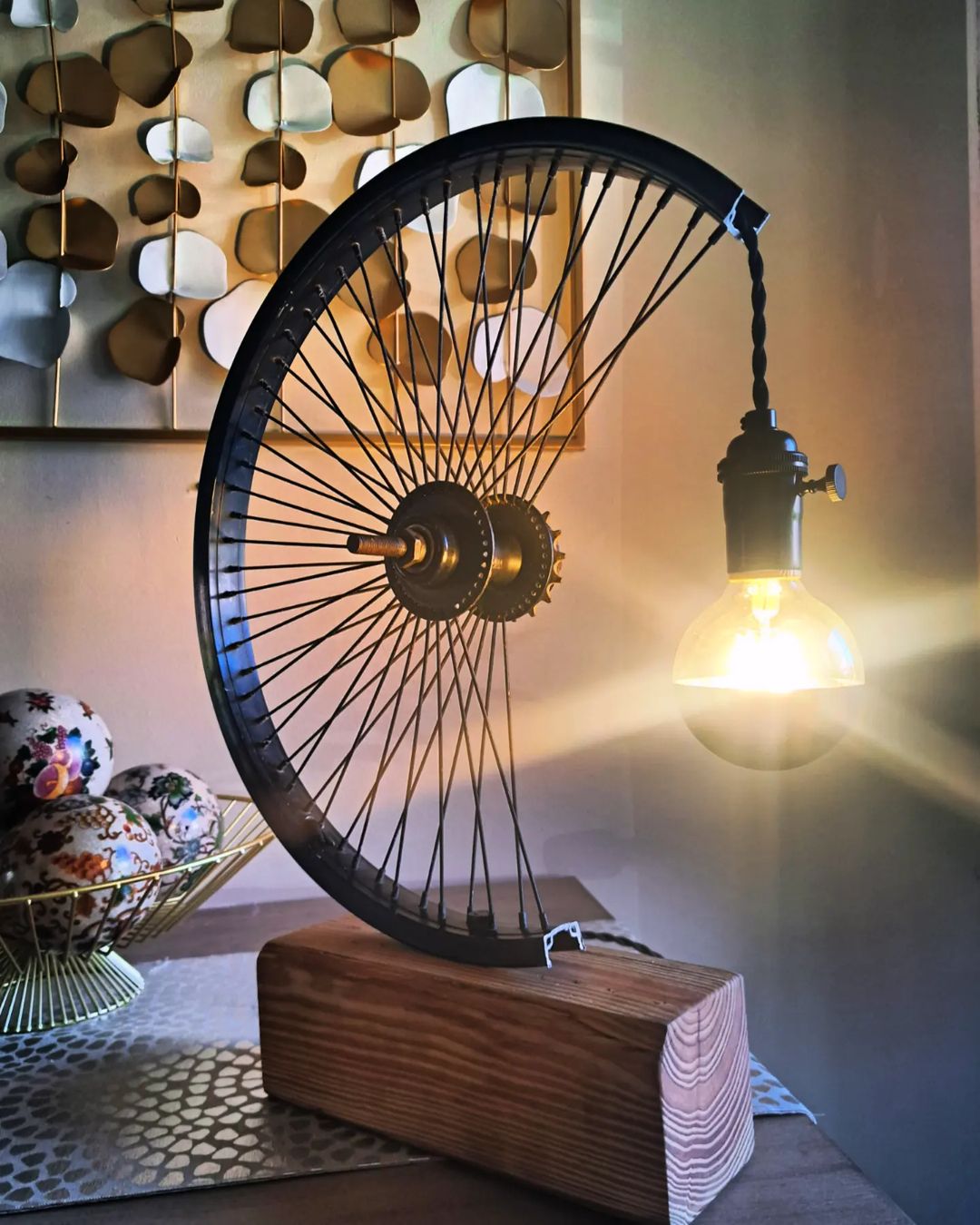 A unique lamp constructed from a bicycle wheel