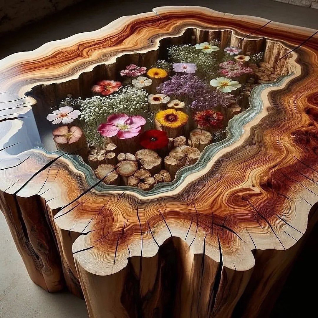 Artistic Wooden Table with Resin and Flowers