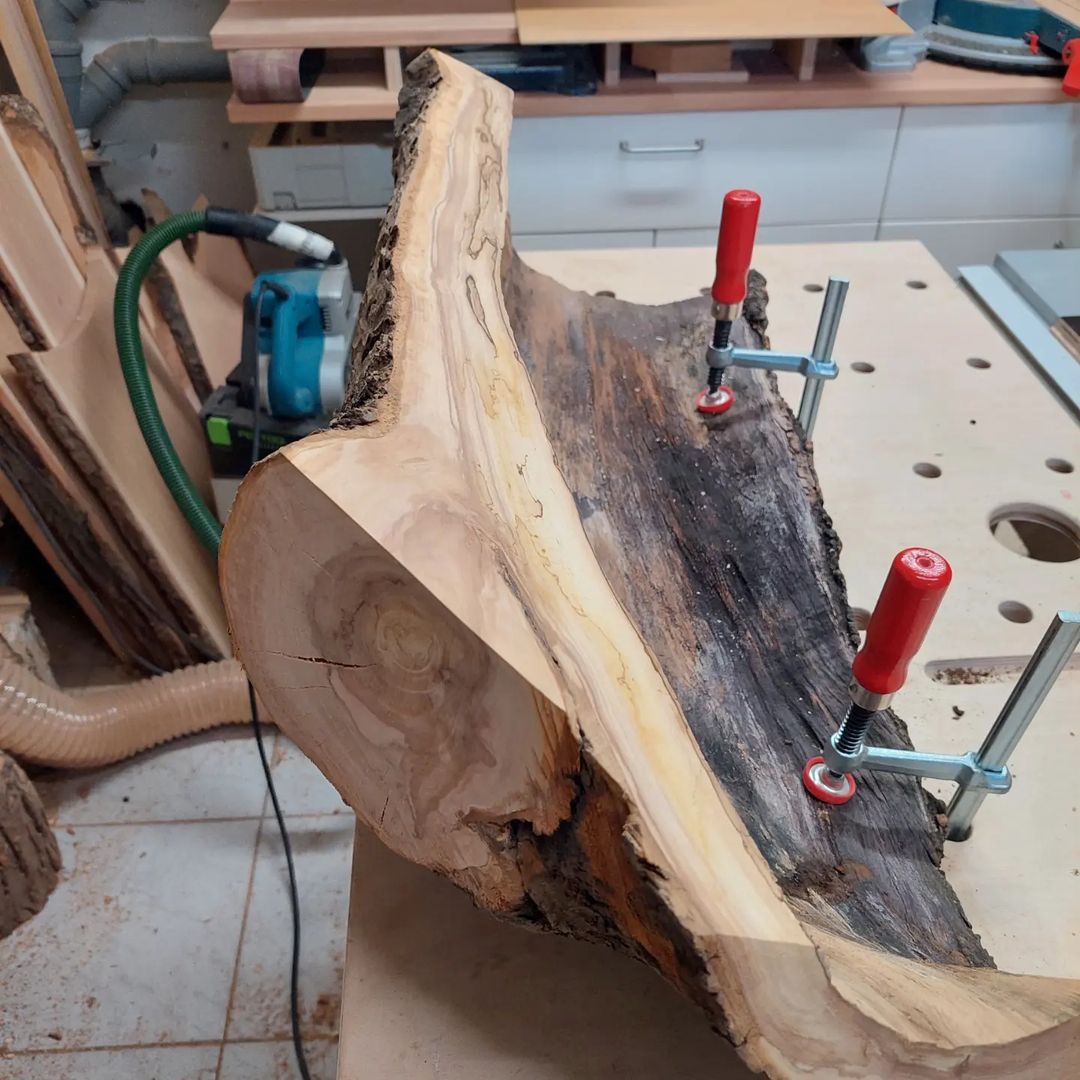 A finely clamped piece of irregular-shaped wood on a workbench, showcasing the initial stages of woodworking craftsmanship.