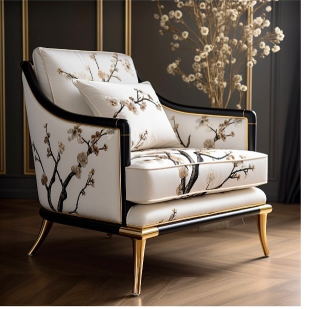 A luxurious armchair with a floral pattern