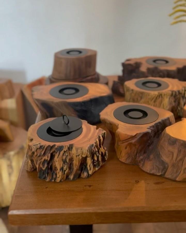 Handcrafted wooden candle holders with embedded tealights