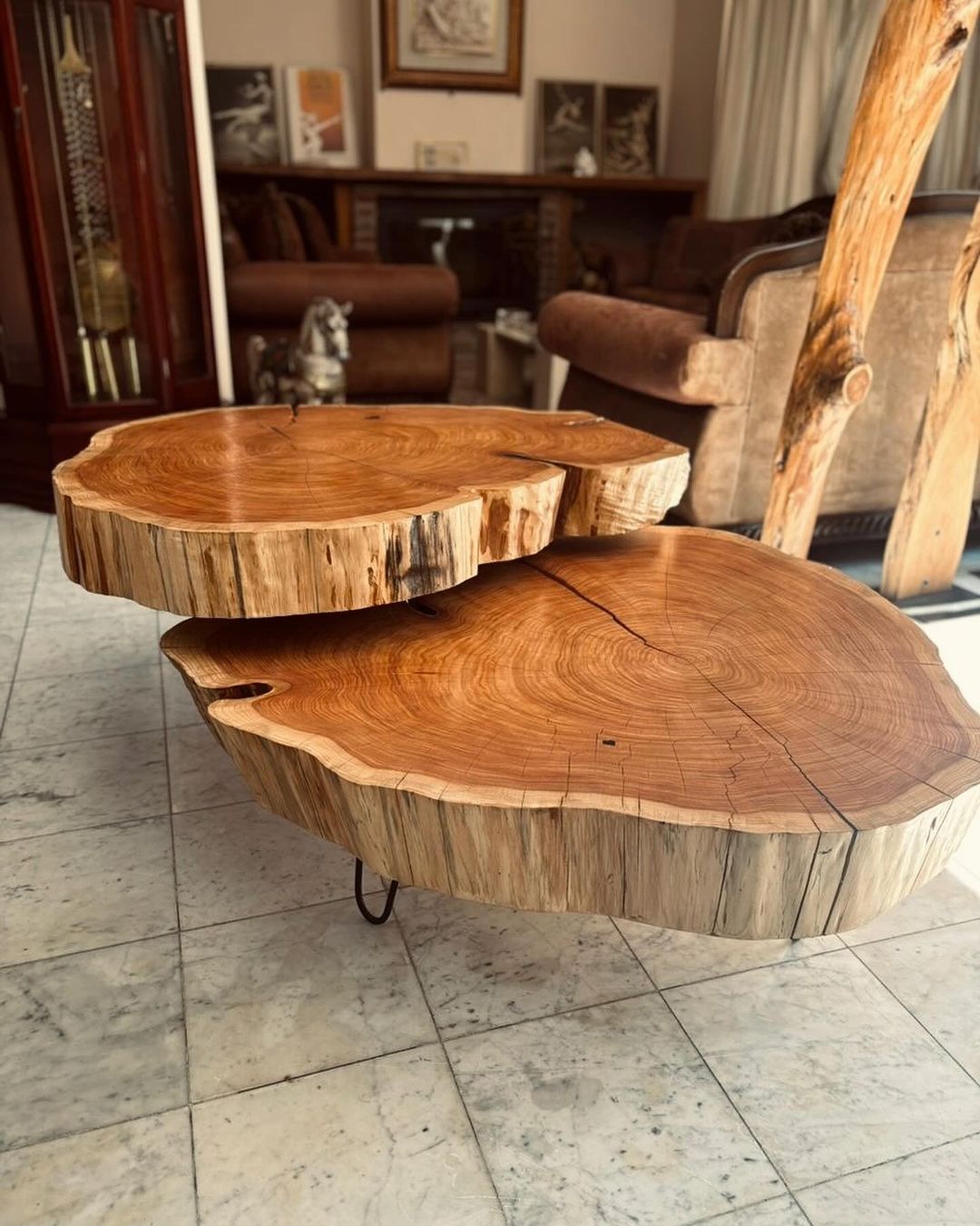 A unique wooden coffee table consisting of three interlocking slabs