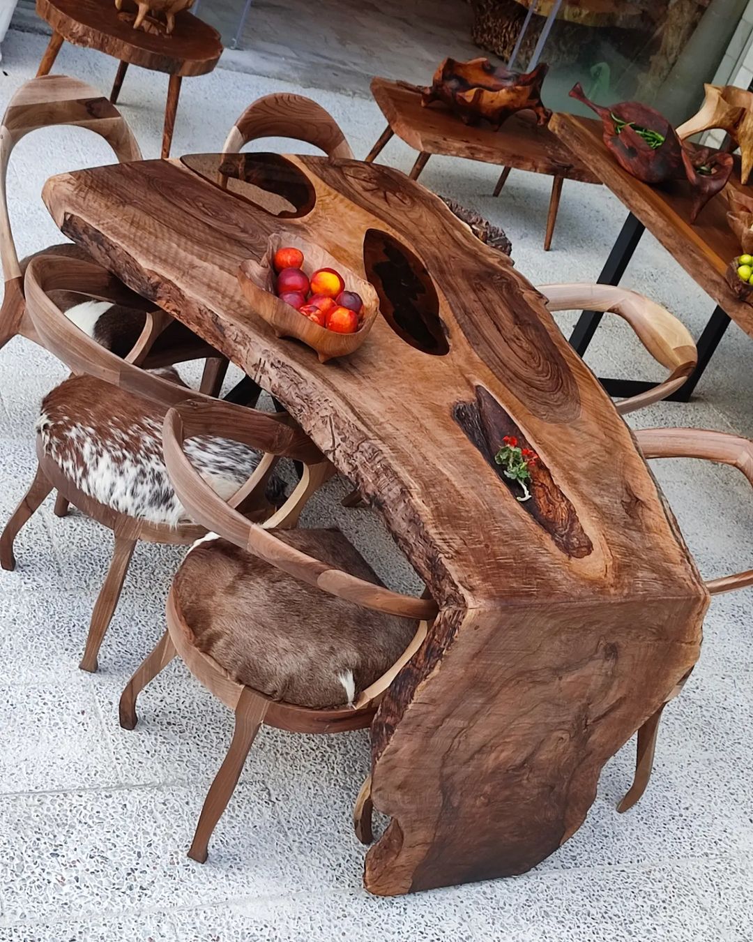 A uniquely crafted wooden table with an organic design