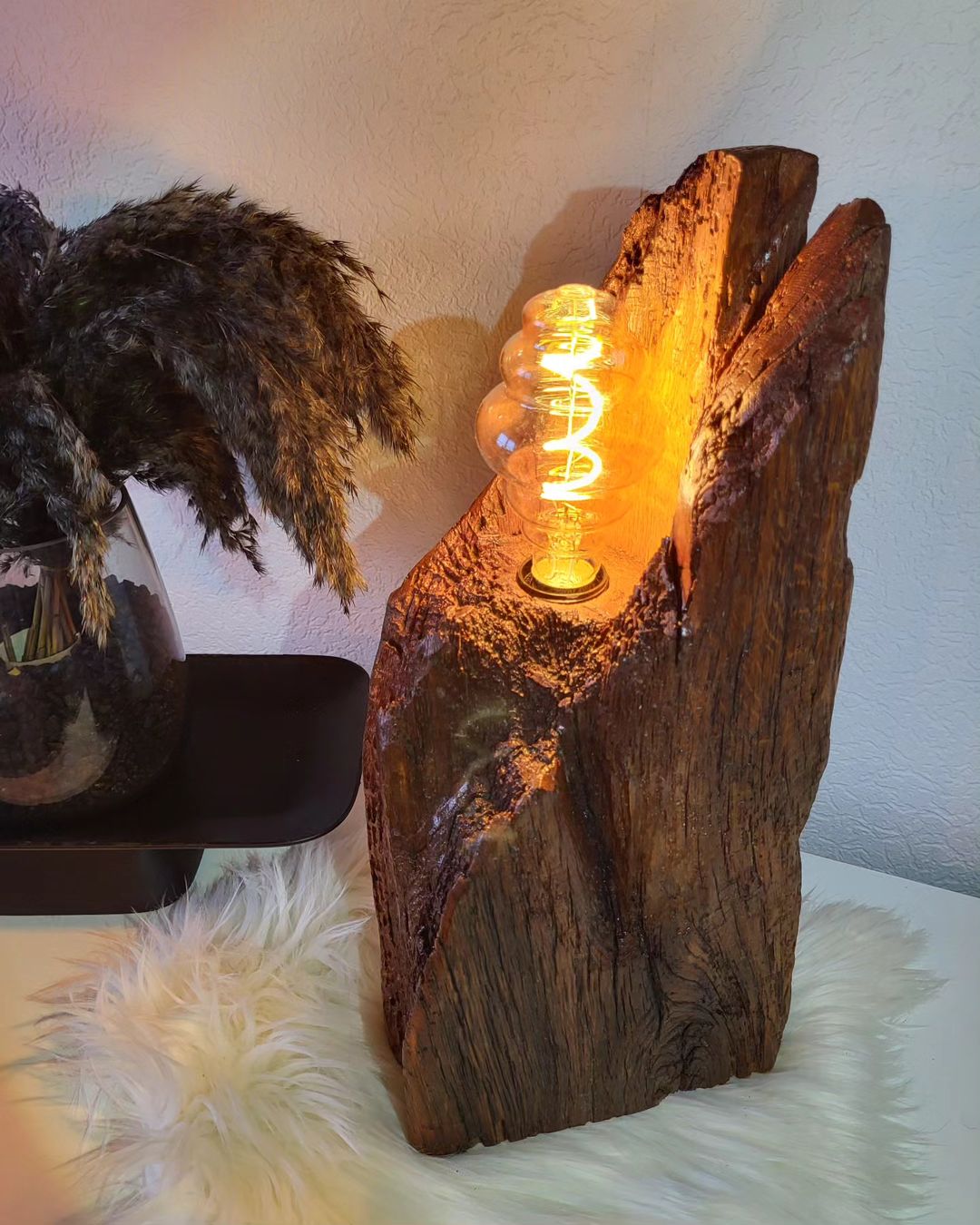 A unique lamp crafted from petrified wood, emitting a warm glow from a spiral filament bulb