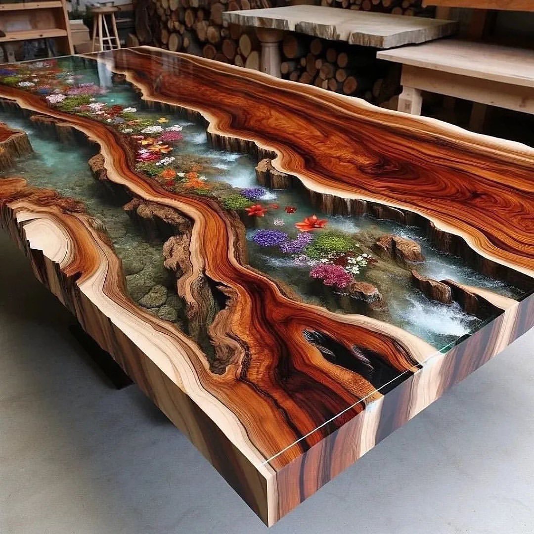 An intricately designed river table that showcases a flowing resin 'river' surrounded by vibrant, lifelike flowers and realistic wooden 'banks'