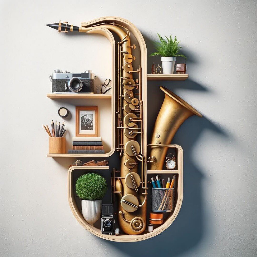 An intricately designed saxophone shelf with various artistic and photography-related items