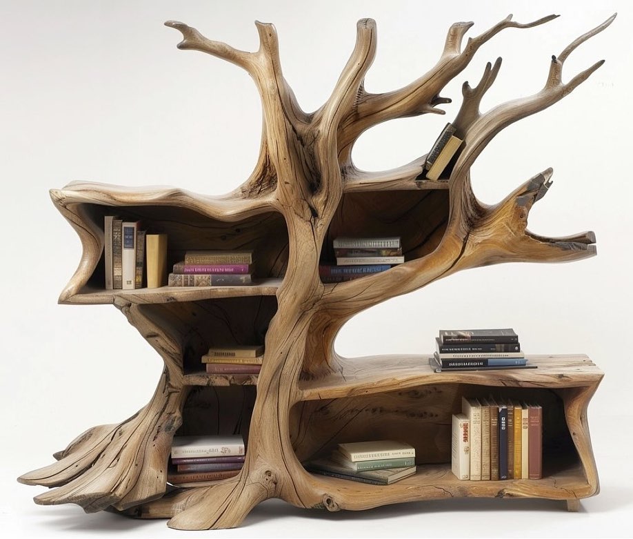 A uniquely crafted bookshelf resembling a tree