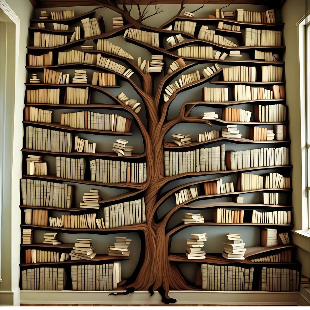 Artistic bookshelf designed to resemble a tree with books arranged on its branches