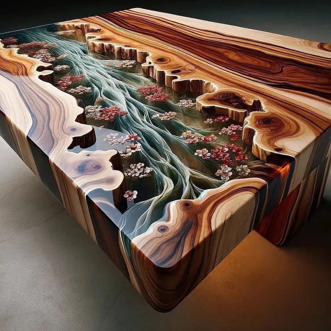 Artistic Wooden Table with Resin River Design