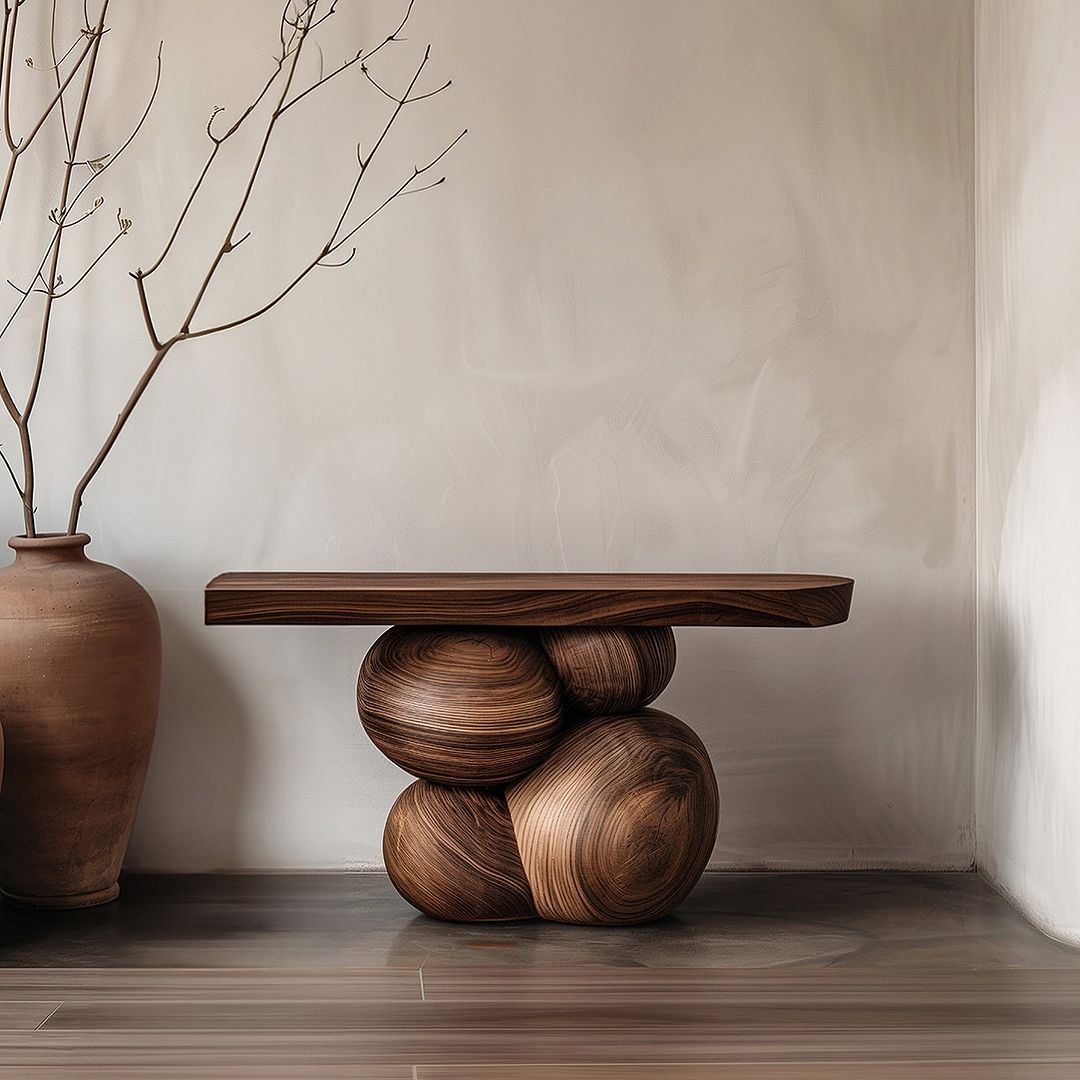 Artistic Wooden Table with Unique Spherical Supports