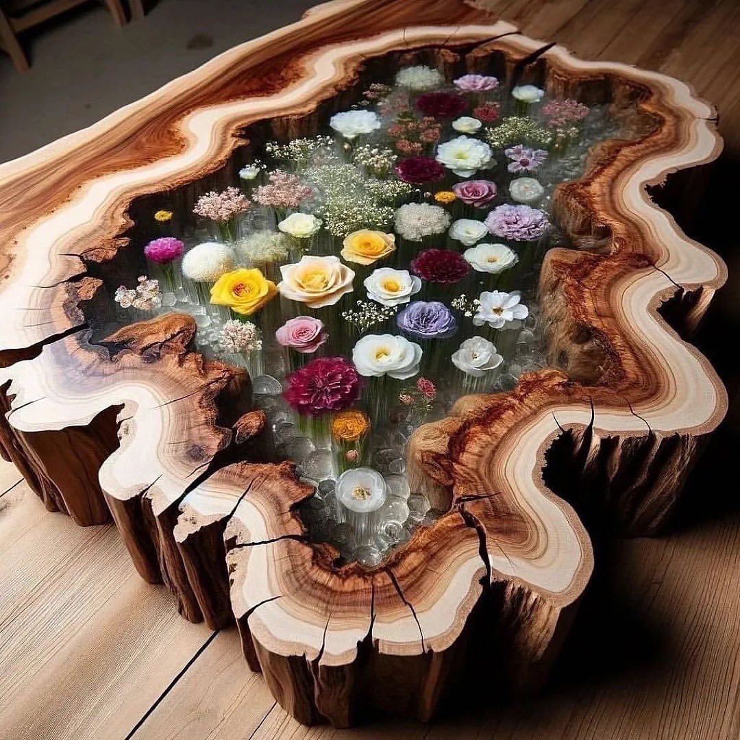 A beautifully crafted wooden table with a river of clear resin encasing vibrant flowers