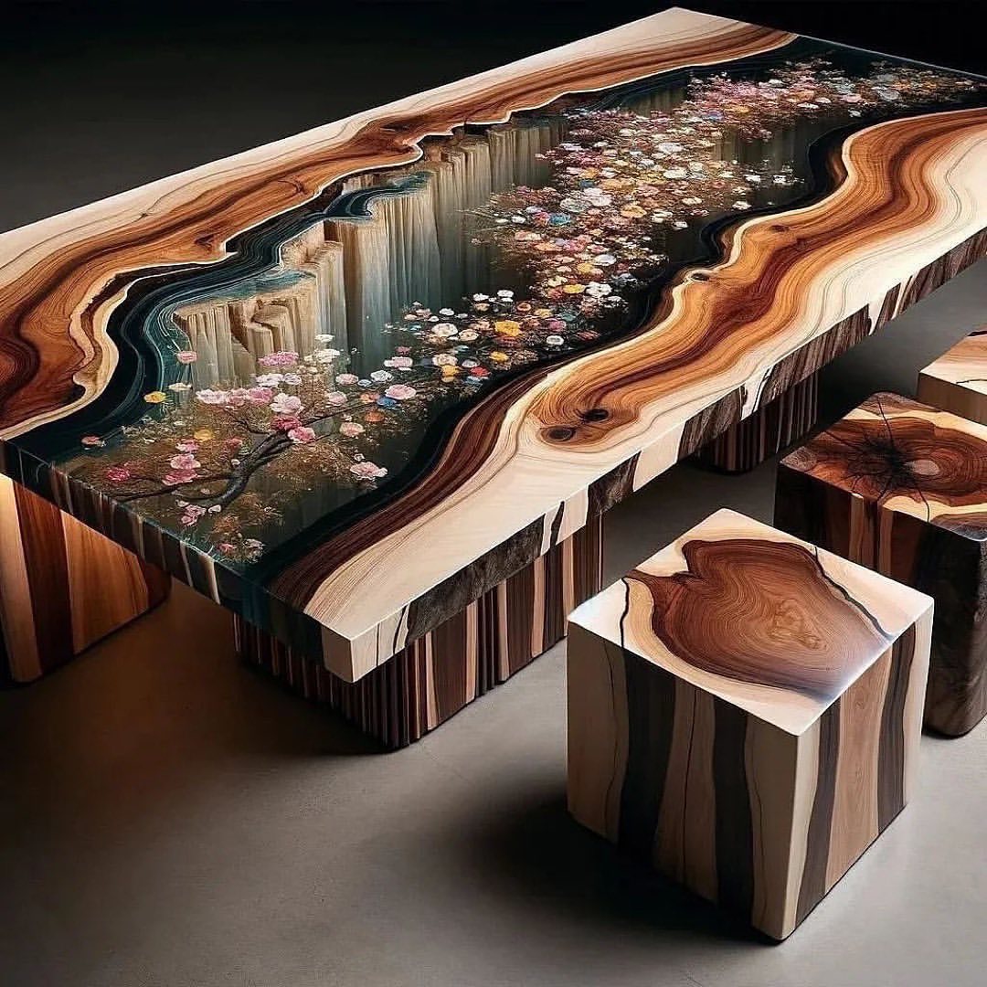 Artistic Wooden Table with Resin River and Matching Stools