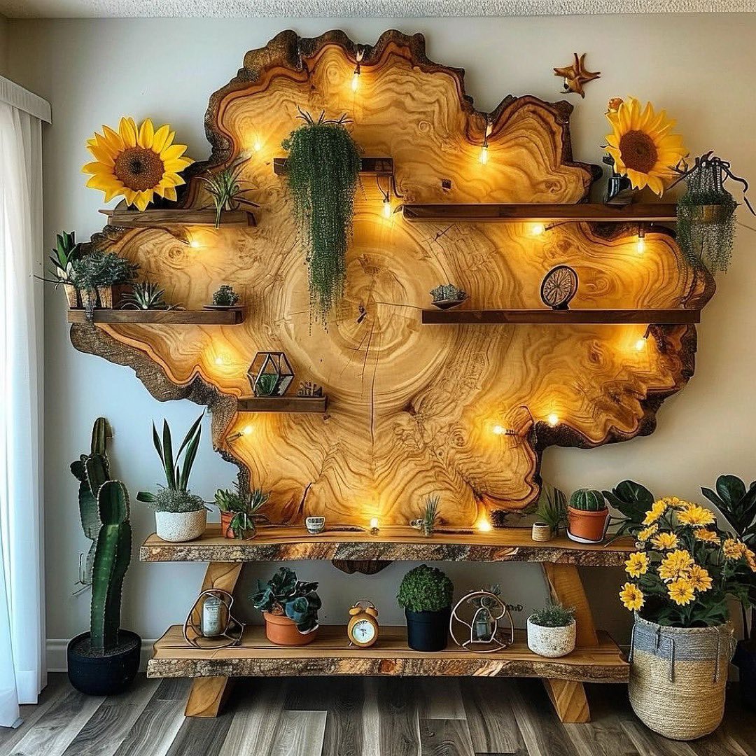 A uniquely designed interior shelf with sunflower accents and ambient lighting