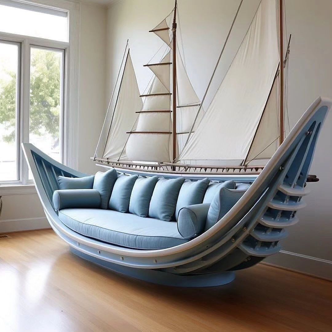 A unique boat-shaped sofa with sails