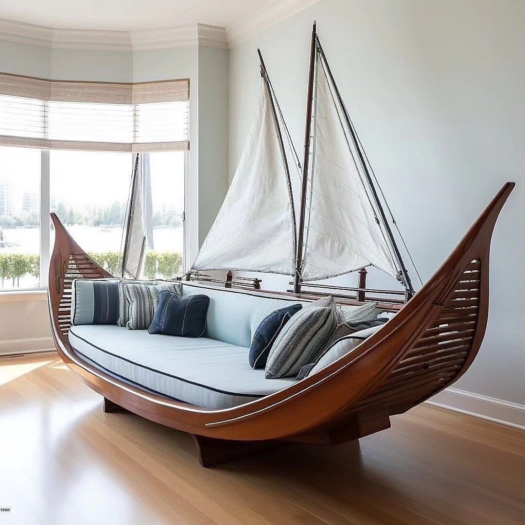 A creatively designed boat-shaped sofa with sails that doubles as a lounging area