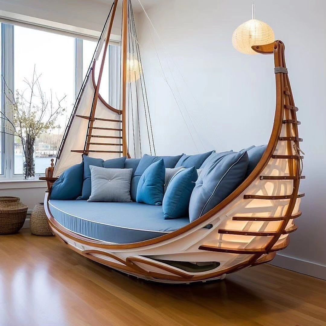 A uniquely designed hanging boat bed with plush pillows