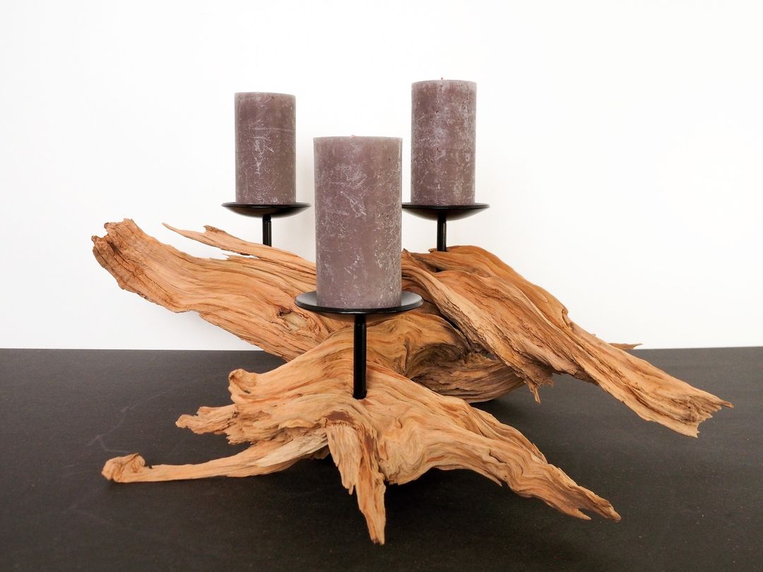 A rustic candle holder centerpiece