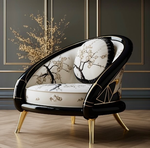 Luxurious black and white armchair with gold accents