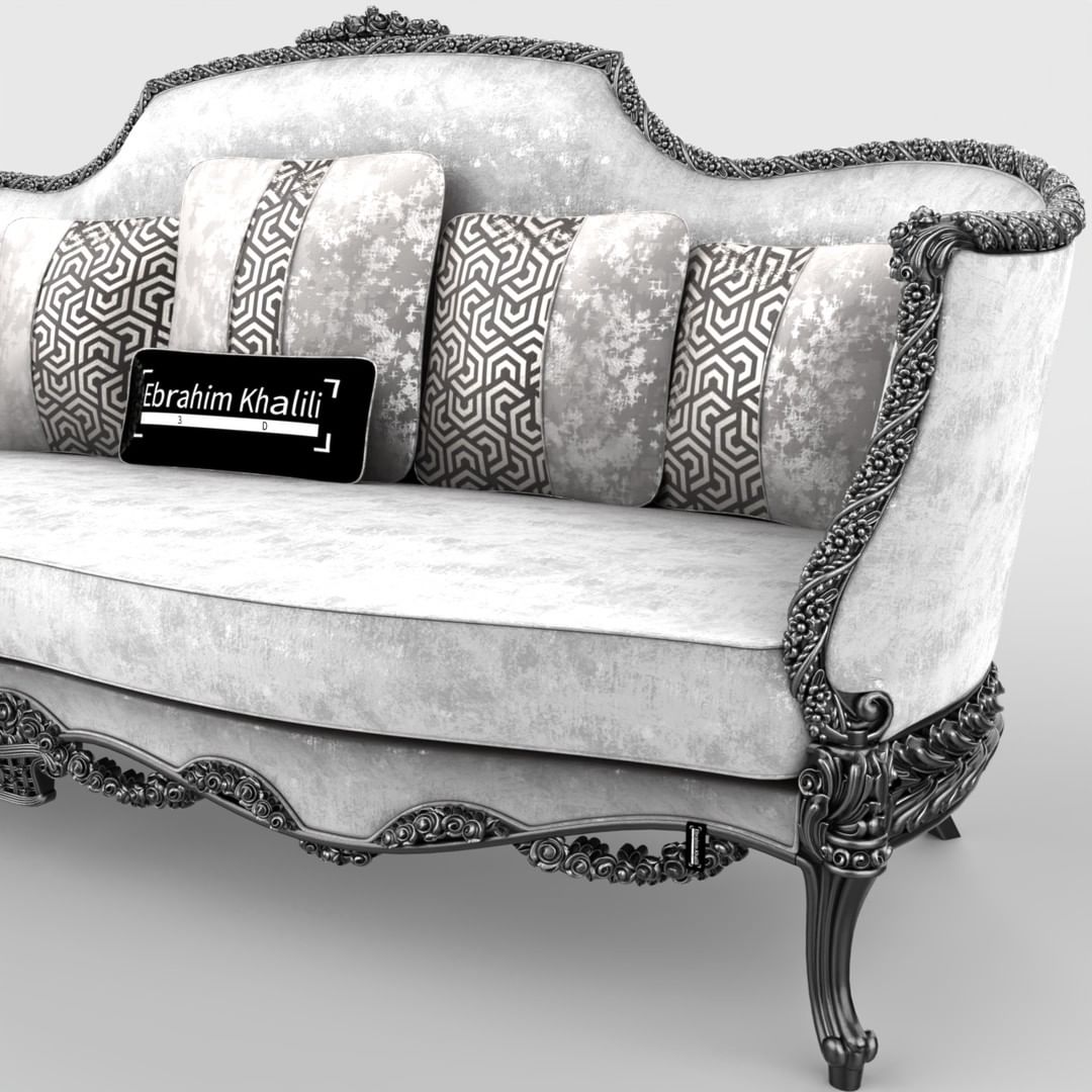 A classic-style sofa with ornate carvings and patterned upholstery