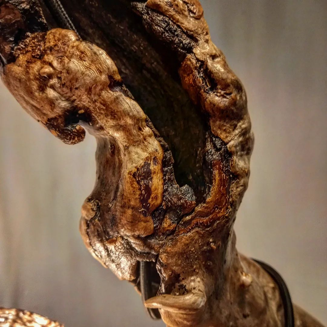 Close-up view of a gnarled wooden sculpture