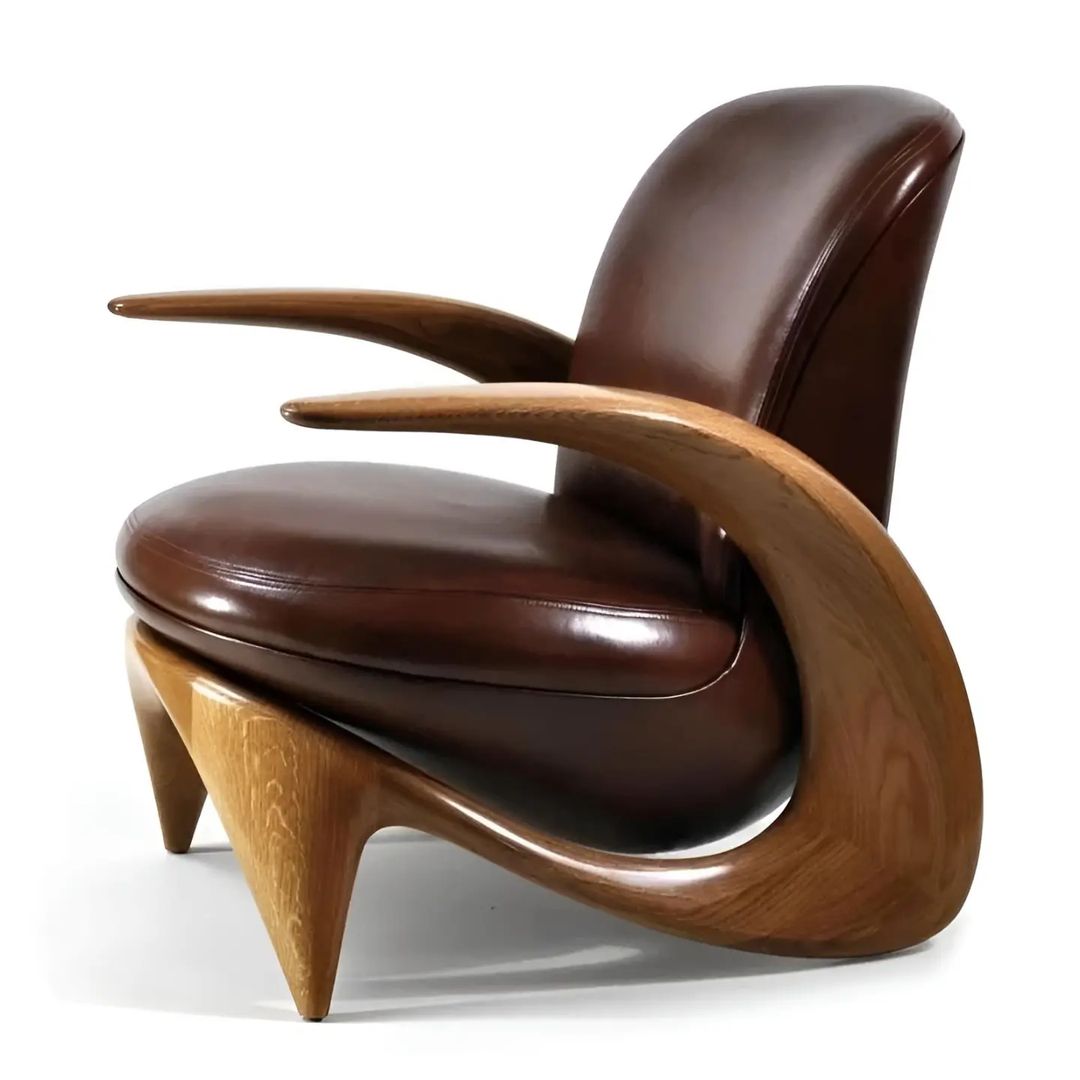 A modernist wooden lounge chair with leather upholstery