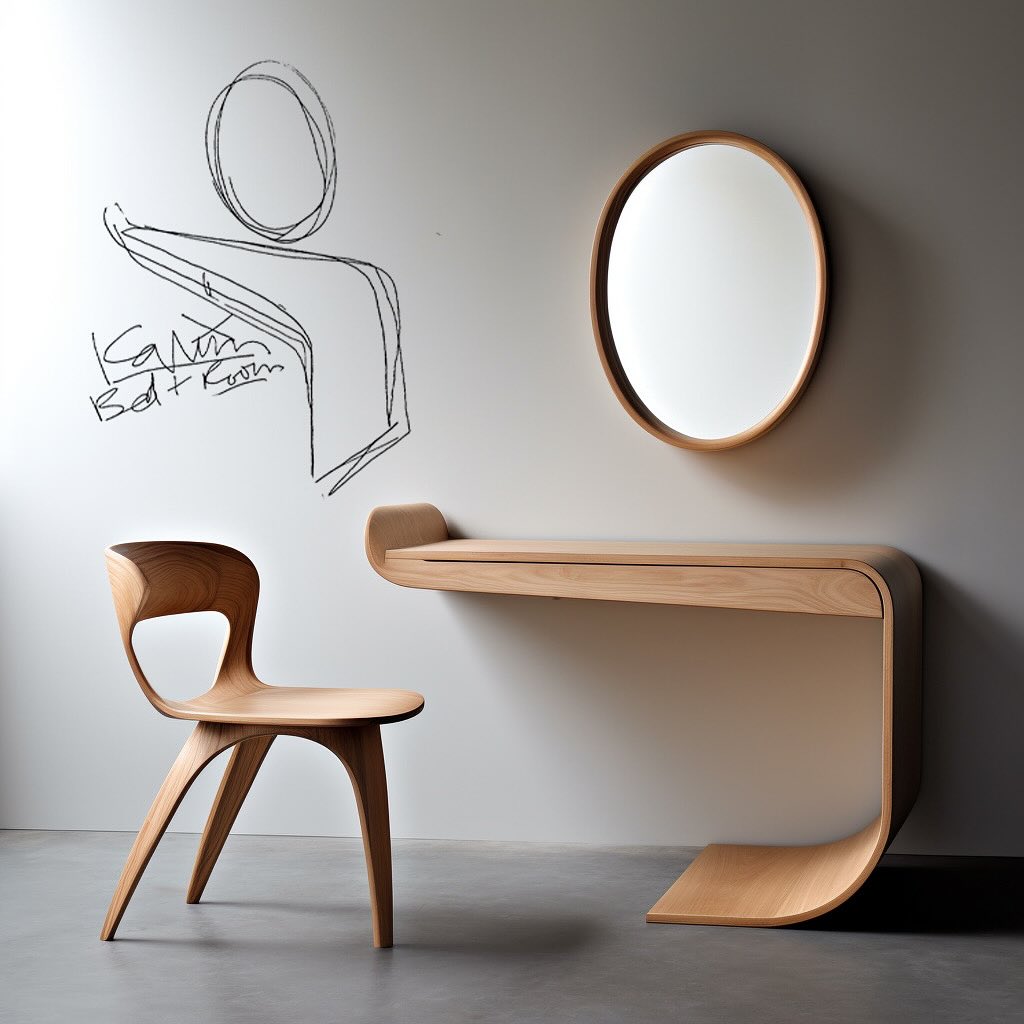 A modern minimalist furniture set featuring a sleek wooden chair and a curved console desk with a circular mirror on the wall