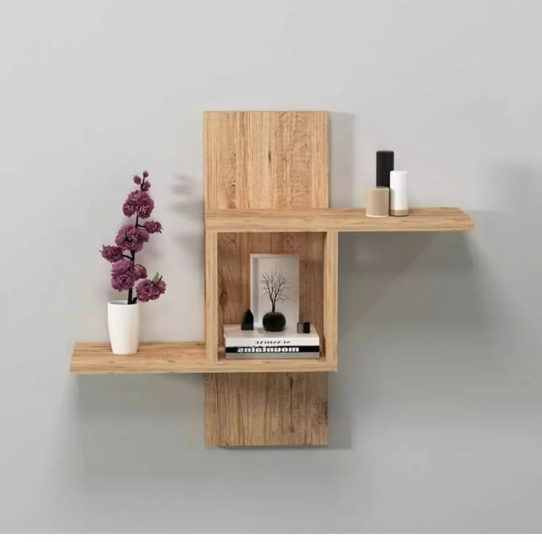 A chic and functional corner shelf enhancing a minimalist wall space.