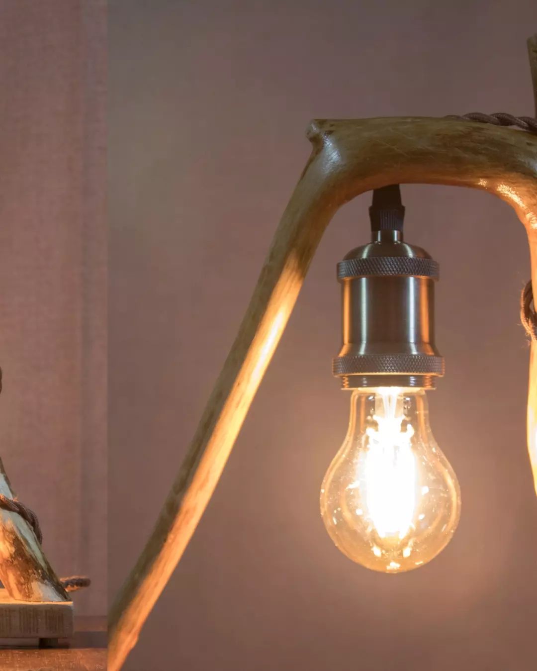 Uniquely crafted lamp with antler base and Edison bulb