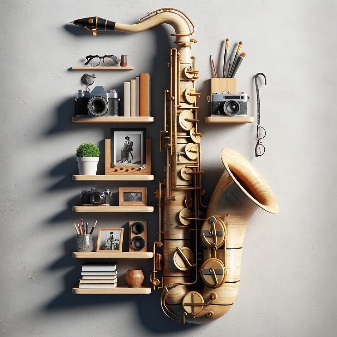 A uniquely designed wall shelf unit shaped like a saxophone, holding various items