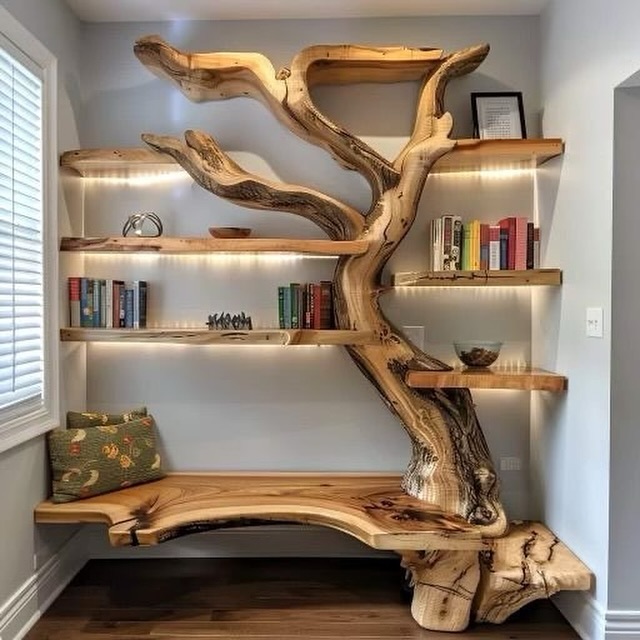 A creatively designed wooden bookshelf shaped like a tree branch