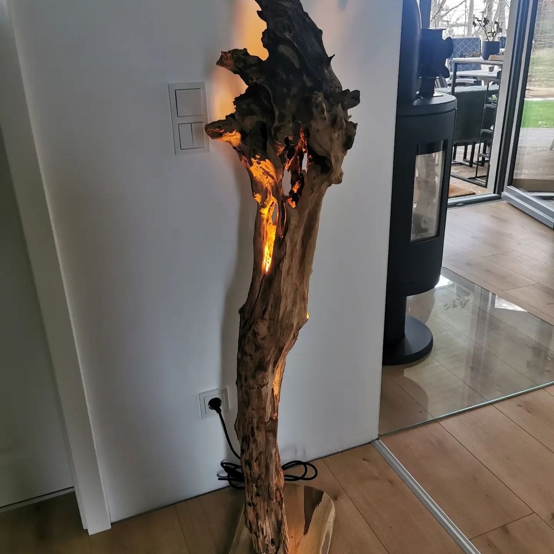 A unique indoor lighting fixture crafted from a hollow tree trunk with integrated illumination