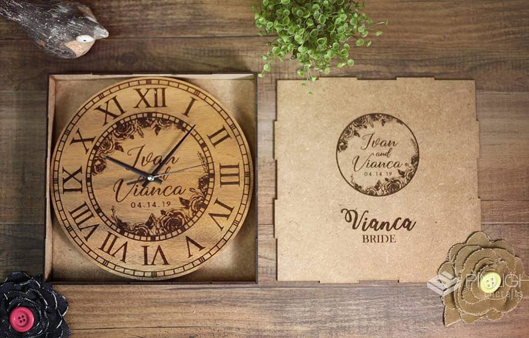 Customized wooden clock and stationery with names and wedding date