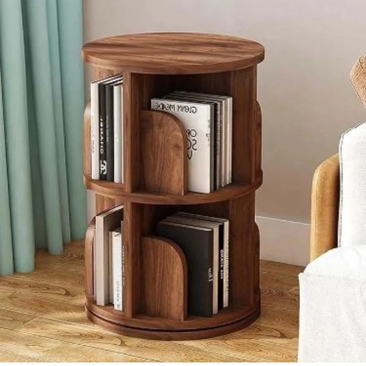 A modern cylindrical wooden bookshelf