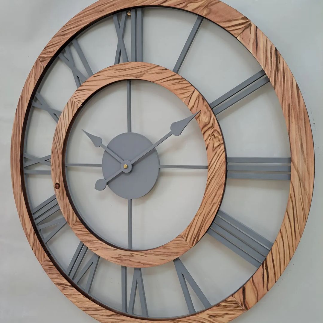 A unique decorative clock combining wood and metal