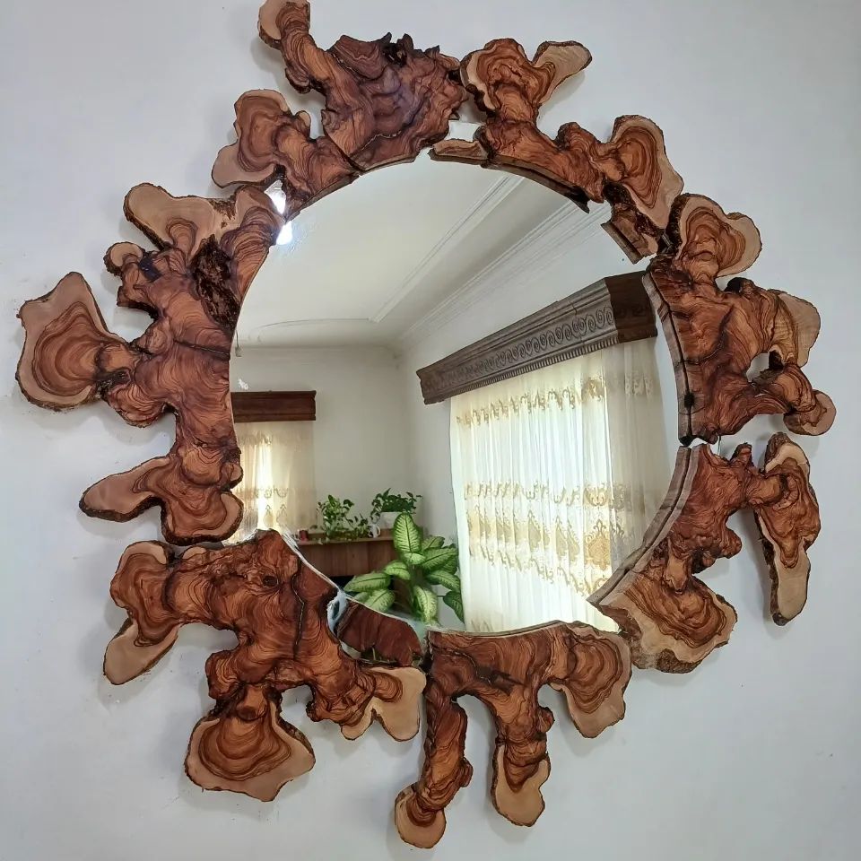 A uniquely crafted wooden mirror frame