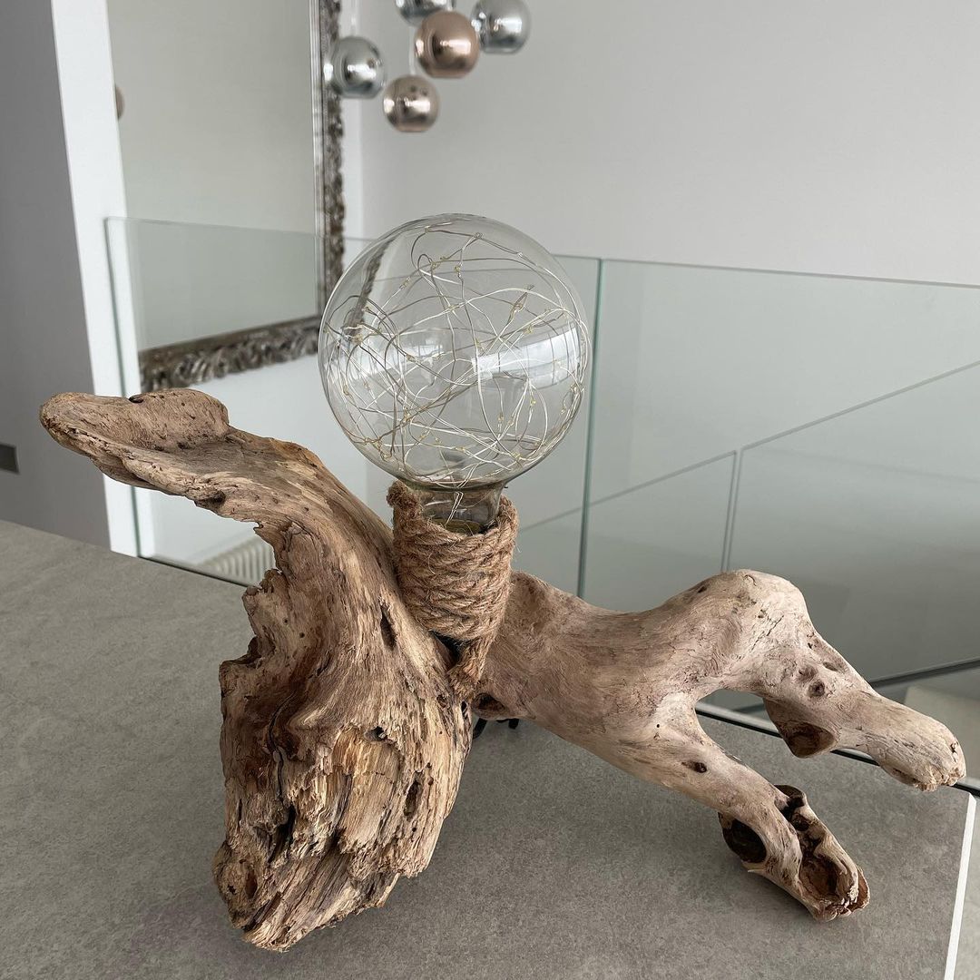 A unique lamp design with a spherical glass bulb containing delicate wire filaments, set atop a rustic, twisted driftwood base