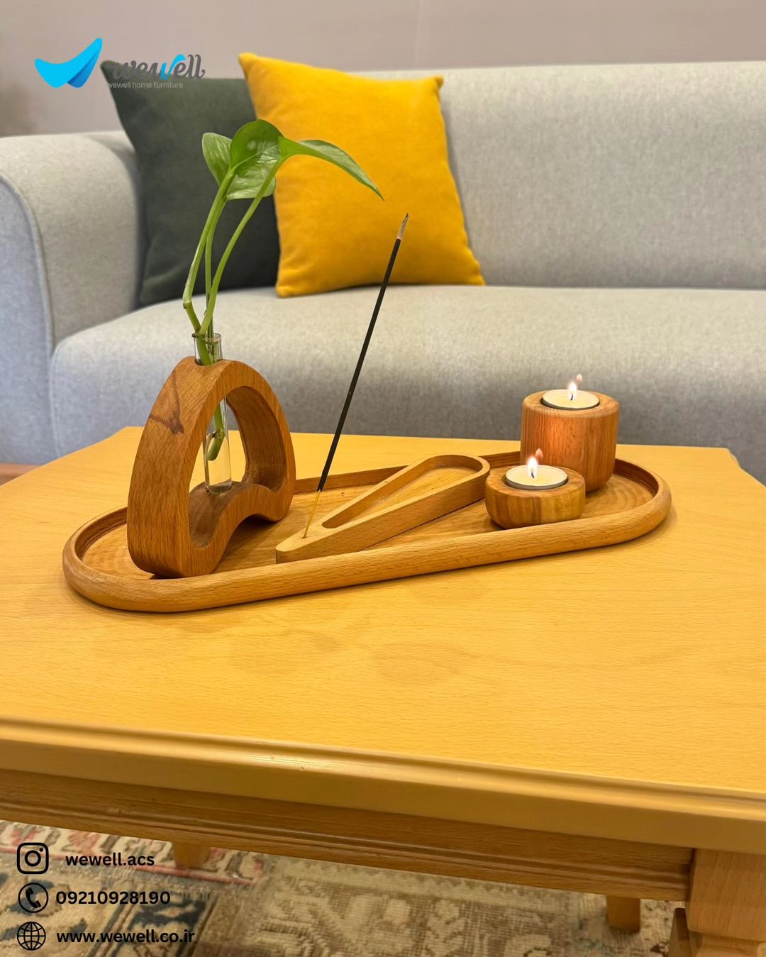 A modern and inviting living room with a wooden coffee table displaying a unique wooden vase and candle holders