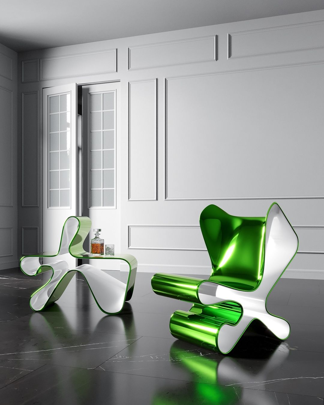 Futuristic green chairs in a minimalist room