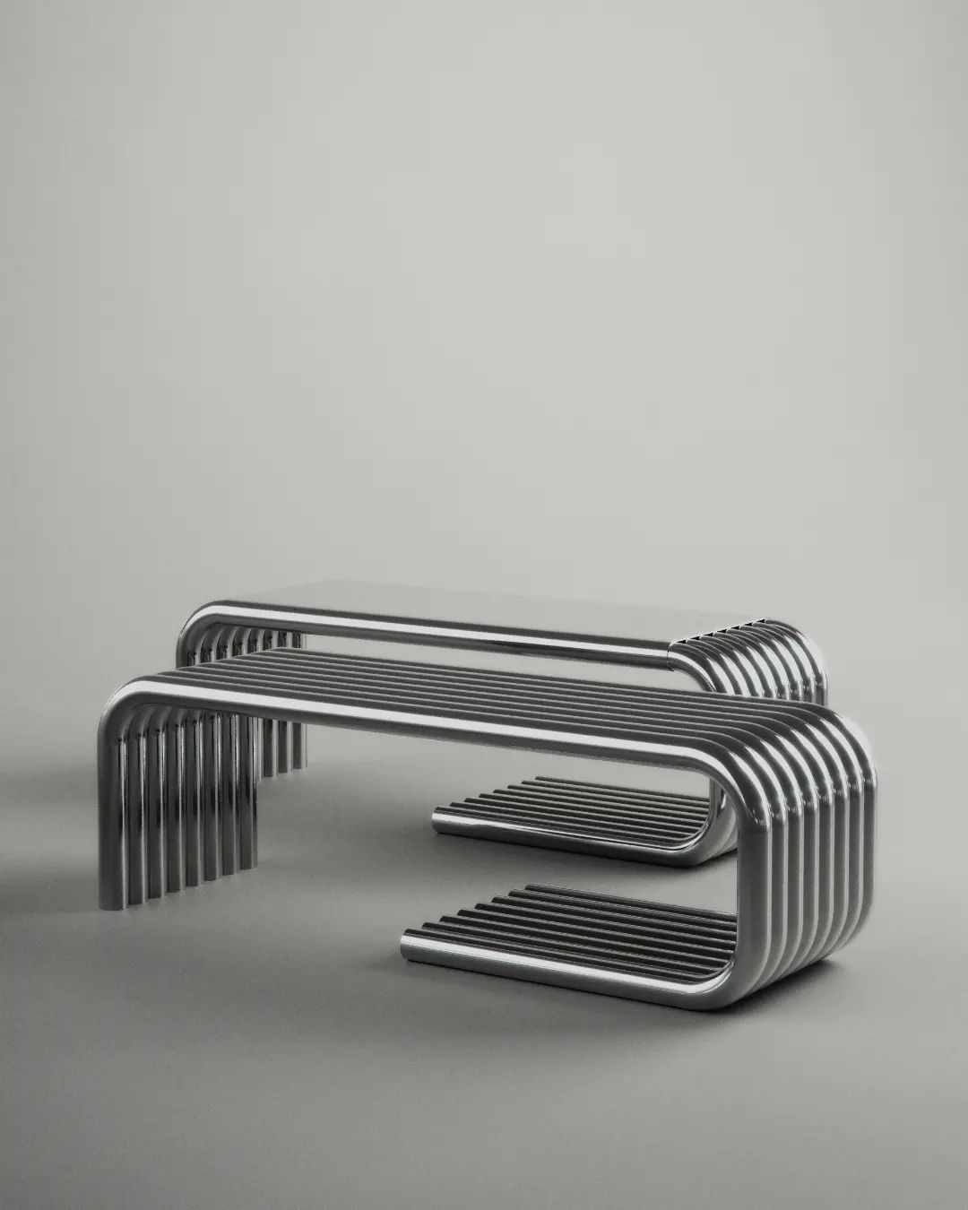 A unique metallic bench with a futuristic layered design