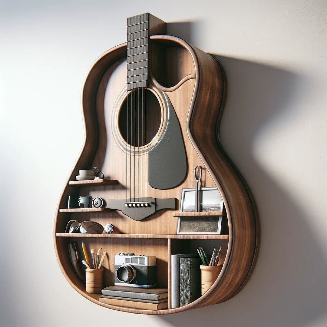 A unique guitar-shaped wall shelf displaying various items.