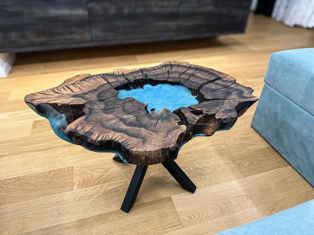 Handcrafted wooden coffee table with resin art