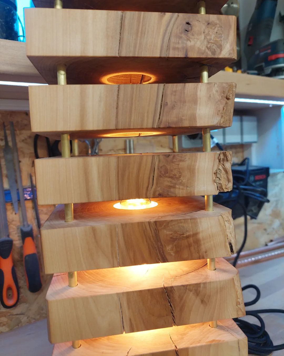 Handcrafted wooden lamp with embedded tea lights